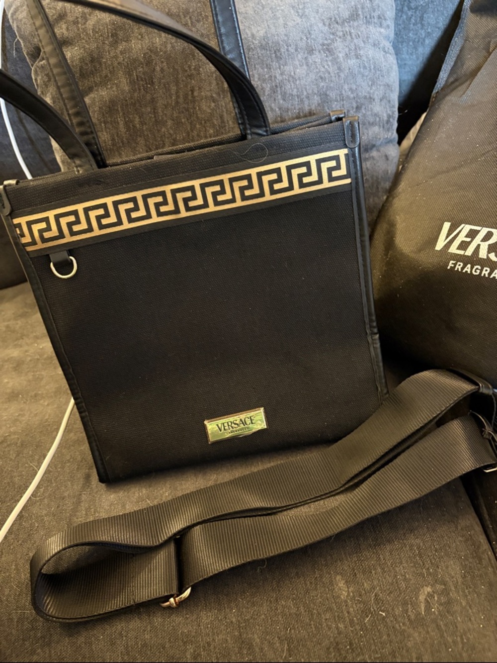 Versace Black Messenger Bag with Gold Greek Key Accent
